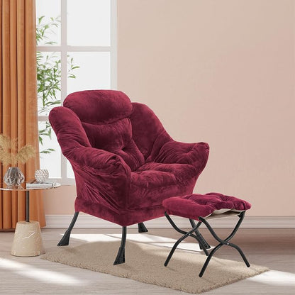 Youtanic Lazy Chair with Folding Ottoman, Accent Chair Plush Upholstered with Metal Structure and Non-Slip Pads, Sofa Armchair with Footrest and Side Storage Bag for Dorm, Room, Office, Rose Red