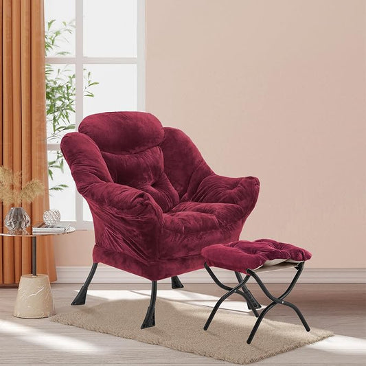 Youtanic Lazy Chair with Folding Ottoman, Accent Chair Plush Upholstered with Metal Structure and Non-Slip Pads, Sofa Armchair with Footrest and Side Storage Bag for Dorm, Room, Office, Rose Red