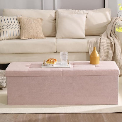 45.3 Inches Storage Ottoman Bench Foldable Seat Footrest Shoe Bench End of Bed Storage with Flipping Lid, 166L Storage Space, Linen Fabric Pink