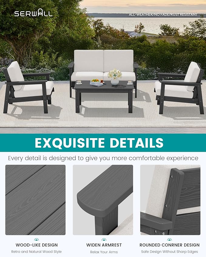 SERWALL HDPE Outdoor Couch Set of 2, All-Weather Wood-Like Patio Furniture Set, Outdoor Sofa Chairs with Khaki Cushions