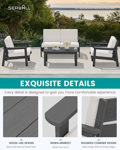 SERWALL HDPE Outdoor Couch Set of 2, All-Weather Wood-Like Patio Furniture Set, Outdoor Sofa Chairs with Khaki Cushions