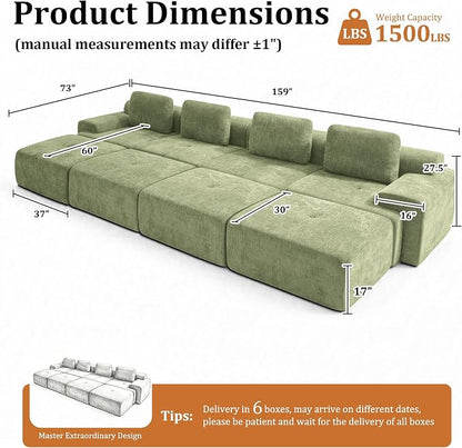 159" Oversized Boneless Couch, Comfort Cloud Sectional Couches for Living Room, Modular Sofa High Back & Extra Deep Seat, No Assembly, Soft Chenille Fabric (Olive Green, 159 inch-（4+4）)