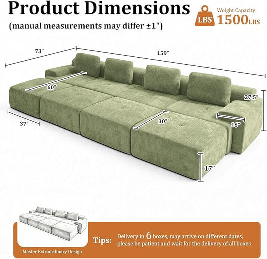 159" Oversized Boneless Couch, Comfort Cloud Sectional Couches for Living Room, Modular Sofa High Back & Extra Deep Seat, No Assembly, Soft Chenille Fabric (Olive Green, 159 inch-（4+4）)