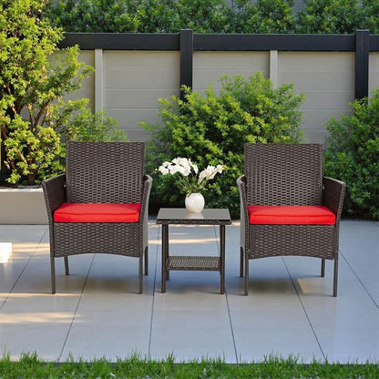 FDW | 3-Piece Patio Furniture Set | Brown & Red | Outdoor Wicker Furniture with Coffee Table | Modern Rattan Chairs Conversation Set | Outdoor Seating | Weather-Resistant | for Porch, Garden, Lawn