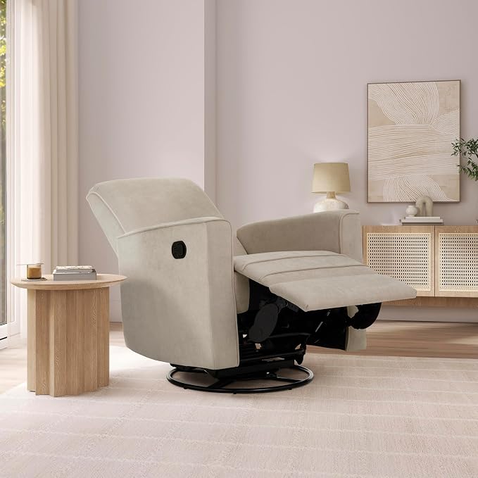 Evolur Raleigh Upholstered Manual Glider Recliner– Rocking & 360° Swivel with Smooth Glide – Greenguard Gold & FSC Certified – Modern Nursery and Living Room Chair in Tan