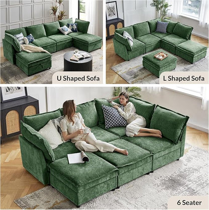 HULALA HOME 127'' Modular Sectional Sofa, Oversized U Shaped Couch with Storage Ottoman, Comfy Chenille Sofa with Deep Seat, 6 Seat Convertible Couches for Living Room, Green