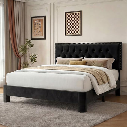 Queen Bed Frame with Headboard, Luxury Velvet Fabric Upholstered Bed frame with Button Tufted Design, Strong Wooden Slats Support - Low & Sturdy, Noise-Free, No Box Spring, Easy Assembly, Black | Plush velvet
