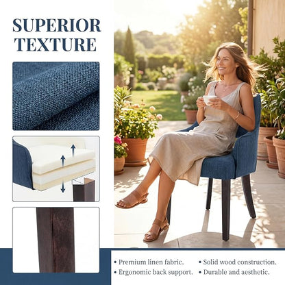 Linen Upholstered Dining Chairs Set of 4 with Arms | Blue linen fabric, breathable upholstery, curved backrest, cushioned seat, solid wood legs, farmhouse style for dining room