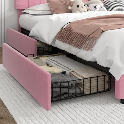 VECELO Queen Velvet Upholstered Platform Bed Frame with 4 Rollers Storage Drawers,Queen Size Bed with Tufted Height Adjustable Headboard,Wooden Slats/No Box Spring Needed/Easy Assembly