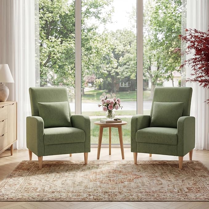 COLAMY Mid-Century Modern Accent Chairs Set of 2, Fabric Upholstered Living Room Chairs with Back Pillow & Solid Wood Legs, Comfy Armchair for Living Room, Bedroom, Single Sofa, Green