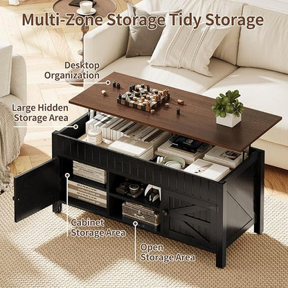 47.3" Lift Top Coffee Table with Storage - Black Coffee Tables for Living Room, Farmhouse Wood Center Table, Large Rectangle Middle Tables with Hidden Compartment & Adjustable Shelf