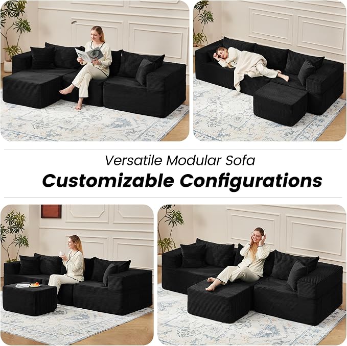 HOMREST 102" Cloud Couch Sectional, L Shaped Modern Sofa with Ottoman, Comfy Corduroy Fabric Modular Sectional Sofa in a Box, Boneless Couches for Living Room, No Assembly Required (Black)