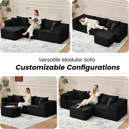 HOMREST 102" Cloud Couch Sectional, L Shaped Modern Sofa with Ottoman, Comfy Corduroy Fabric Modular Sectional Sofa in a Box, Boneless Couches for Living Room, No Assembly Required (Black)