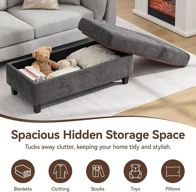45 Inch Large Storage Ottoman Bench with Wooden Tray Coffee Table, Dark Grey Chenille Upholstered Foot Rest, Multifunctional Foot Stool Ottoman for Living Room, Bedroom & Entryway, Solid Wood Legs
