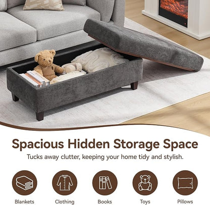 45 Inch Large Storage Ottoman Bench with Wooden Tray Coffee Table, Dark Grey Chenille Upholstered Foot Rest, Multifunctional Foot Stool Ottoman for Living Room, Bedroom & Entryway, Solid Wood Legs