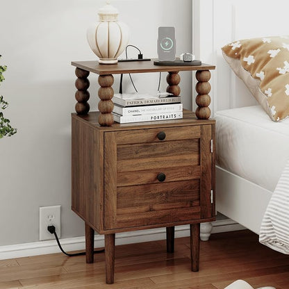Veegle Nightstand with Charging Station,Modern Bedside Table with Storage Drawer and Open Wood Shelf, for Bedroom and Small Spaces,Night Stand with Solid Wood Legs (Walnut Brown)