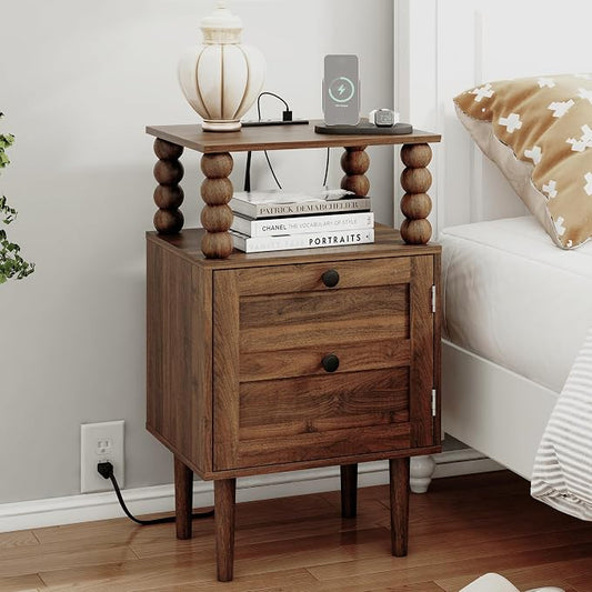 Veegle Nightstand with Charging Station,Modern Bedside Table with Storage Drawer and Open Wood Shelf, for Bedroom and Small Spaces,Night Stand with Solid Wood Legs (Walnut Brown)