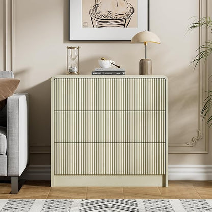 Furniway Beige Nightstands Set of 2, 32" Modern 3 Drawer Bedside Table with Storage, Large Night Stand for Bedroom