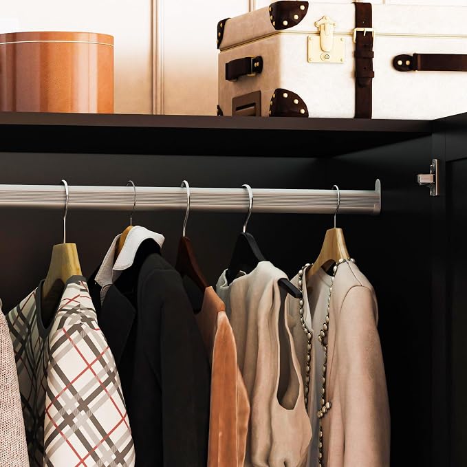 3 Doors Mirrored Wardrobe Armoire Closet with Drawers, LED Armoire Storage Cabinet with Adjustable Shelves & Hanging Rod, 74.8" H Freestanding Clothing Storage Cabinet for Bedroom, Black