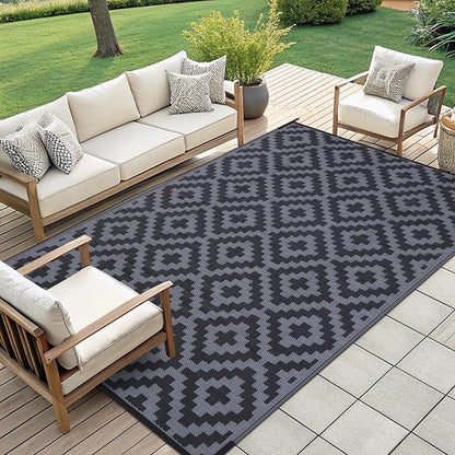 Smiry Waterproof Outdoor Rug 9x12 ft, Reversible Plastic Straw Patio Camping Rugs, Outdoor Indoor RV Mat Carpet for Patio, Outside Entry, Backyard, Deck, Bench, Picnic, Camper, Black & Grey