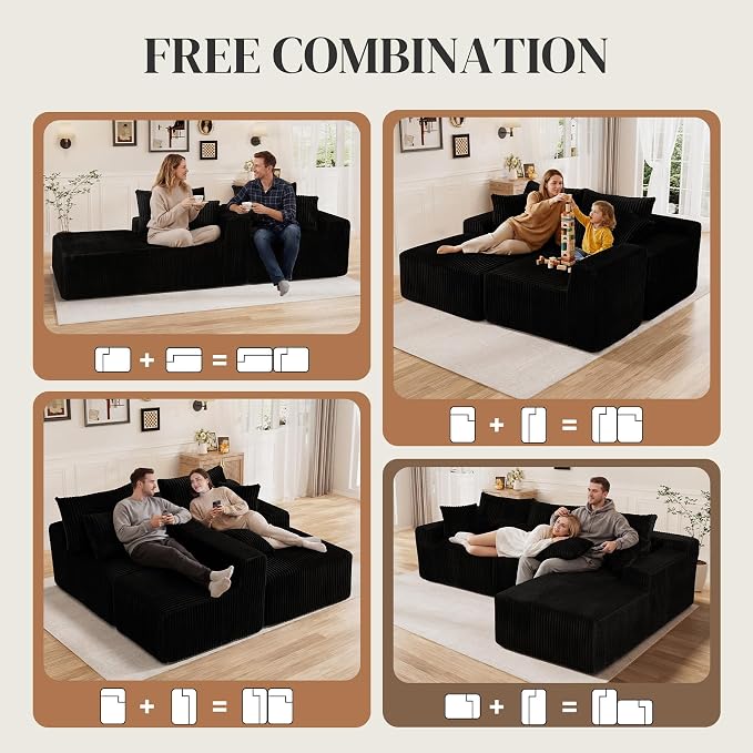 110" L Shaped Cloud Boneless Sectional Couches for Living Room, Modern Comfy Modular Deep Seat Memory Foam Compressed Corduroy Sofa Oversized Right Facing Chaise, No Assembly Required, Balck