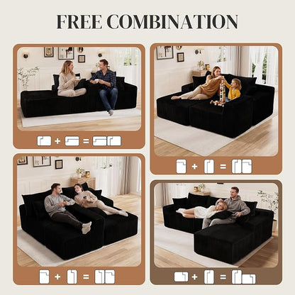 110" L Shaped Cloud Boneless Sectional Couches for Living Room, Modern Comfy Modular Deep Seat Memory Foam Compressed Corduroy Sofa Oversized Right Facing Chaise, No Assembly Required, Balck