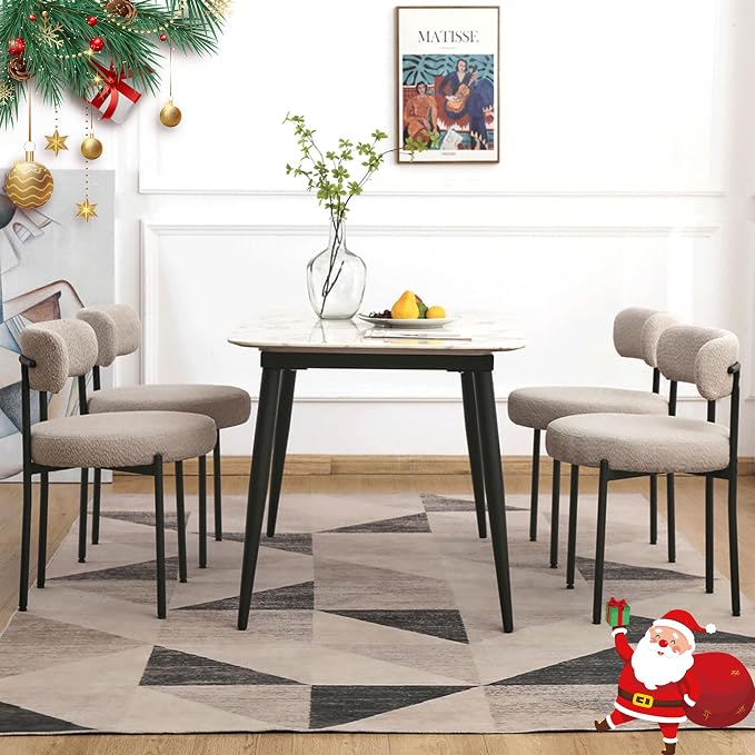 EDWELL Boucle Dining Chairs Set of 4, Modern Dining Room Chairs with Thick Cushions, Round Upholstered Kitchen Chairs with Black Metal Legs for Dining Room, Kitchen, Living Room, Grey