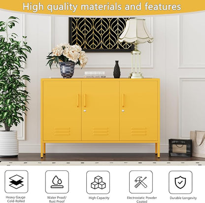 Yellow Wide Metal Storage Cabinet, 32" H Heavy Duty Steel Locker with Lock, 2 Adjustable Shelves & Ventilated Doors for Home Office Kitchen Living Room