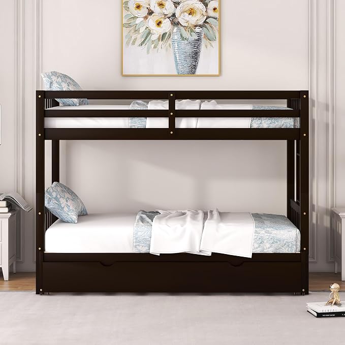 Extendable Bunk Bed with Trundle, Twin Over Double Twin Bunk Bed Frame, Upgraded Version Wooden Bunk Bed with Trundle, Pull-Out Bunk Bed Frame Can Be Extendable, No Spring Box Needed, Espresso
