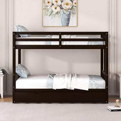 Extendable Bunk Bed with Trundle, Twin Over Double Twin Bunk Bed Frame, Upgraded Version Wooden Bunk Bed with Trundle, Pull-Out Bunk Bed Frame Can Be Extendable, No Spring Box Needed, Espresso