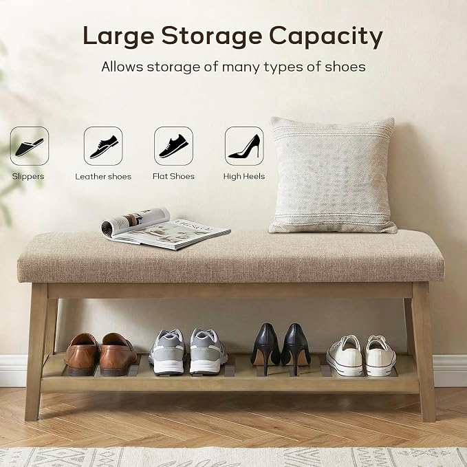 Entryway Bench with Cushion, Upholstered Shoe Rack Bench with Solid Wood Shelf, 44" End of Bed Bench for Bedroom, Chenille Fabric Storage Bench for Entryway, Hallway, Living Room (Brown)