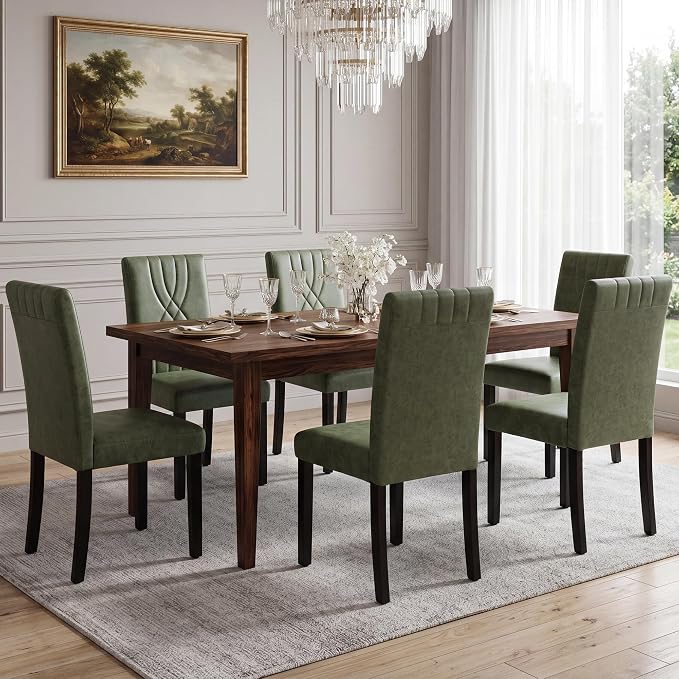 LSSBOUGHT Modern Dining Chair Set of 6,Urban Style Fabric Kicthen Chairs with Solid Wood Legs for Dining Room and Restaurant (Green-Quilted backrest)