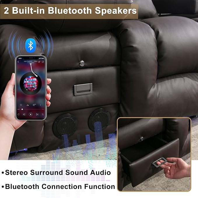 URRED Power Loveseat Recliner Sofa with Massage and Heat, Wall Hugger Reclining Loveseat with Console, RV Couch Home Theater Seating with LED Lights for Living Room (Dark Brown, 89.8" - 3 Seats)