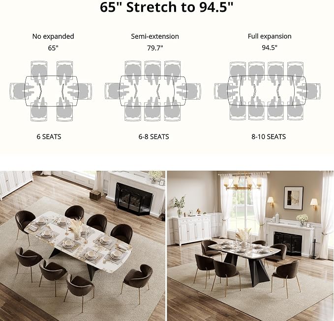 Honyee Extendable Dining Table with Leaf, 65 to 95 Inch Rectangular Sintered Stone, Modern Large Dining Room Table Seats 6 8 10 12, Metal Base, Marble Look for Family Gatherings