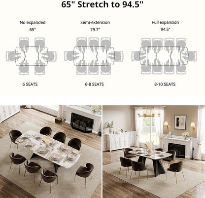 Honyee Extendable Dining Table with Leaf, 65 to 95 Inch Rectangular Sintered Stone, Modern Large Dining Room Table Seats 6 8 10 12, Metal Base, Marble Look for Family Gatherings
