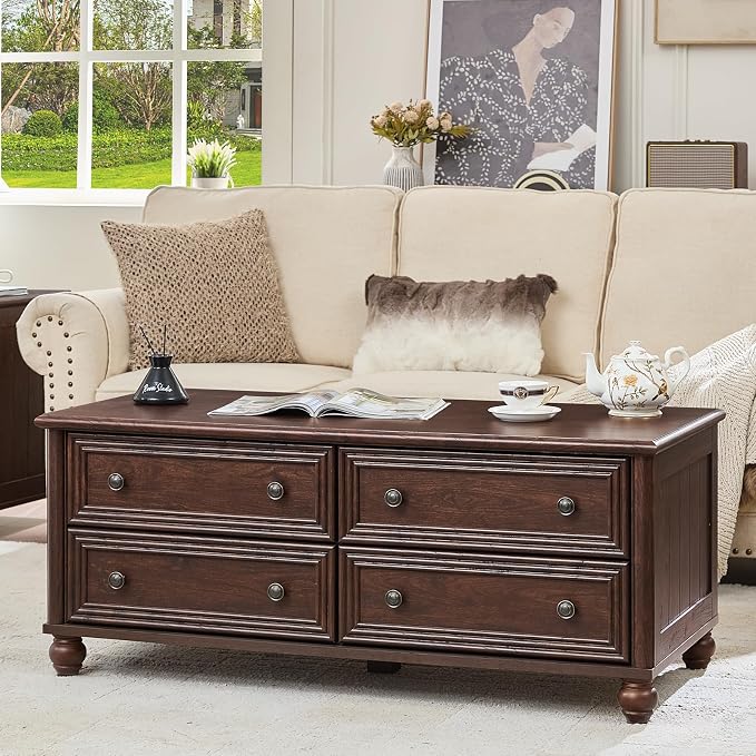 RWYHG 48" Farmhouse Coffee Table with Hidden Storage,Wooden Coffee Tables with 4 Drawers & Roman Column Handle,Rectangular Rustic Center Table with Solid Wood Curved Base for Living Room,Office,Walnut