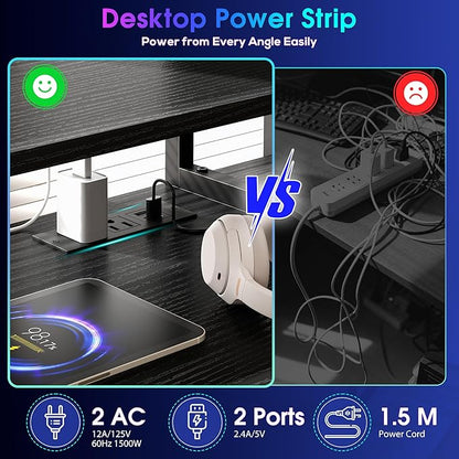 DurayLoly 47" Gaming Desk with Hutch and Cabinet to Display, Gaming Table with 3 Drawers for Small Space Storage, 2 AC Power Outlets and RGB Light, Monitor Stand for Student Bedroom