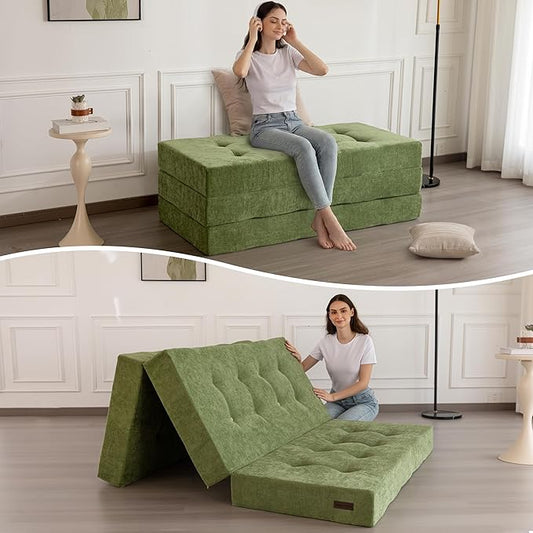 MAXYOYO 6" Folding Sofa Bed for Floor, Tufted Tri-Fold Floor Mattress with Chenille Fabric, Queen Size Portable Sofa Couch Guest Mat for Adults, Foldable Topper for Camping, Green, 59"x78.7"