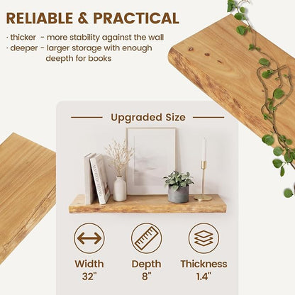 Venusmiles Live Edge Elm Floating Shelves for Wall Decor, Rustic Solid Wood Shevles Wall Mounted with Invisible Bracket for Living Room Bathroom Bedroom Kitchen, 32 Inch Set of 2, Natural