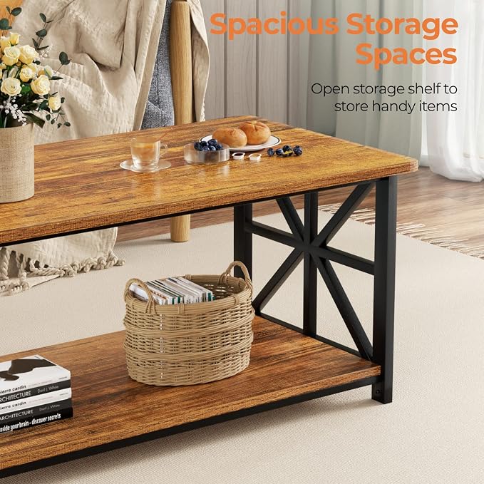 GreenForest Round Corners Coffee Table for Living Room | Rustic Style Center Table with Storage Shelf,39 Inch Space Saving,X-Frame Sofa Table,Easy Assembly,Walnut
