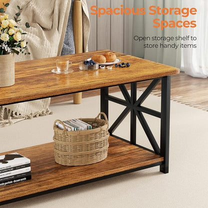 GreenForest Round Corners Coffee Table for Living Room | Rustic Style Center Table with Storage Shelf,39 Inch Space Saving,X-Frame Sofa Table,Easy Assembly,Walnut