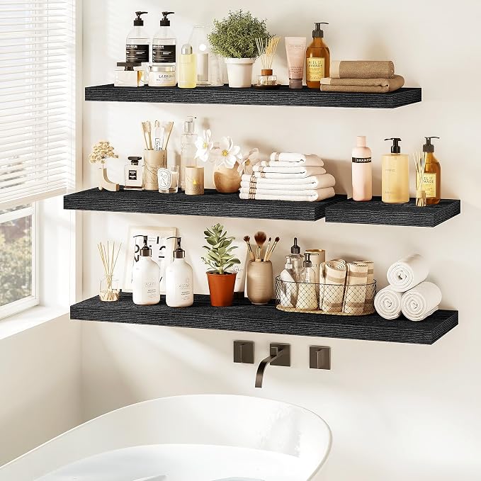 Vivelove 48 Inch Floating Shelves, Deep Wall Shelves with Invisible Brackets, Display Shlf for Bathroom Living Room Kitchen Bedroom Office Farmhouse Home Decor, 48" X 9.3" X 1.5" - Set of 1, Black