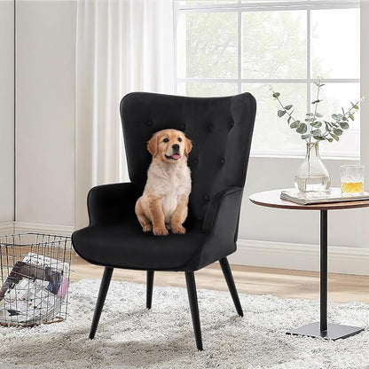 Furnimart Accent Chairs Set of 2, Black Velvet Reading Armchairs with High Backrest, Wingback Corner Chairs - Mid Century Modern for Living Room, Bedroom, Waiting Room