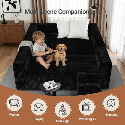 Claiks 128" U-Shaped Modular Sectional Sofa No Assembly Required, Oversized Cloud Couch with Double Chaise, Corduroy Fabric for Living Room & Apartment, Black