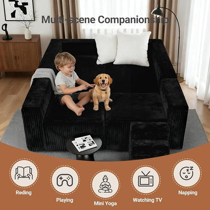 Claiks 128" Modular U Shaped Couch, Sectional Deep Seat Sofa with Pet Stair, Black