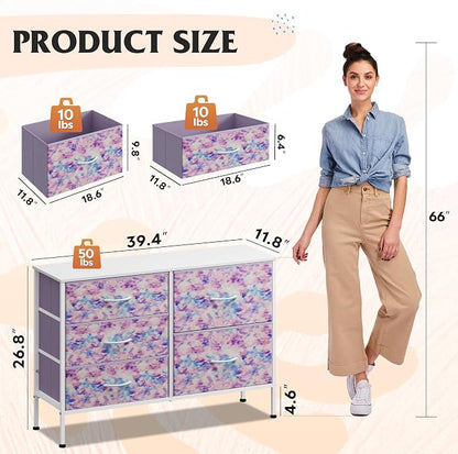WLIVE Dresser for Bedroom with 5 Drawers, Wide Chest of Drawers for Bedroom, Fabric Dresser for Living Room, Closet, Hallway, Tie-dye Print (Pink, Purple, Blue)