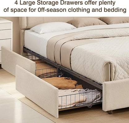 VECELO Queen Size Platform Bed Frame with 4 Storage Drawers,Fabric Upholstered Headboard and Wooden Slats Support,Built-in USB and Type C Ports, No Box Spring Needed,Easy Assembly