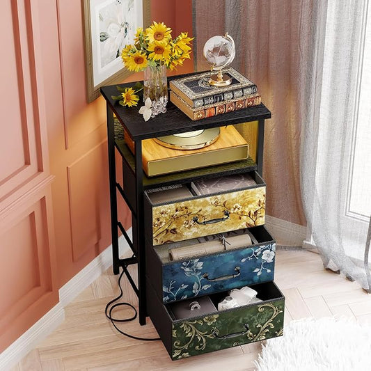 Fixwal Night Stand with Charging Station, LED Nightstand with U-S-B Ports and Outlets, 3 Fabric Storage Drawers with PU Finish, Bedside Table, Vintage Flower
