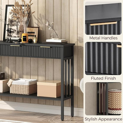 MAHANCRIS Console Table with 3 Drawers, Narrow Long Entry Table with Storage Shelf, 2-Tier Fluted Entryway Table, for Entryway, Living Room, Foyer, Hallway, Office, Black and Gold CTHB5201