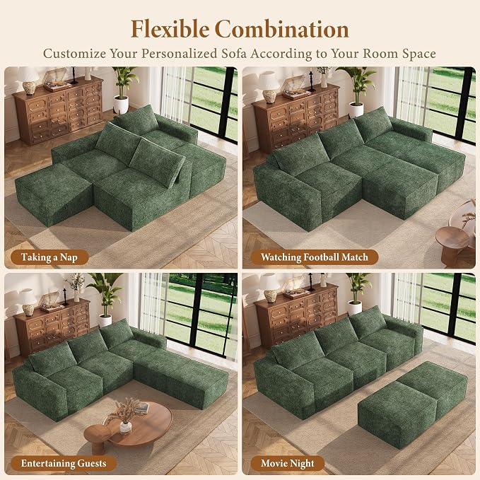Vesgantti 114" Boneless Modular Sectional Sofa, Modern U Shaped 5 Seater Couch with 2 Ottoman & Deep Seat, Convertible Chenille Cloud Couches for Living Room, No Assembly Required, Green